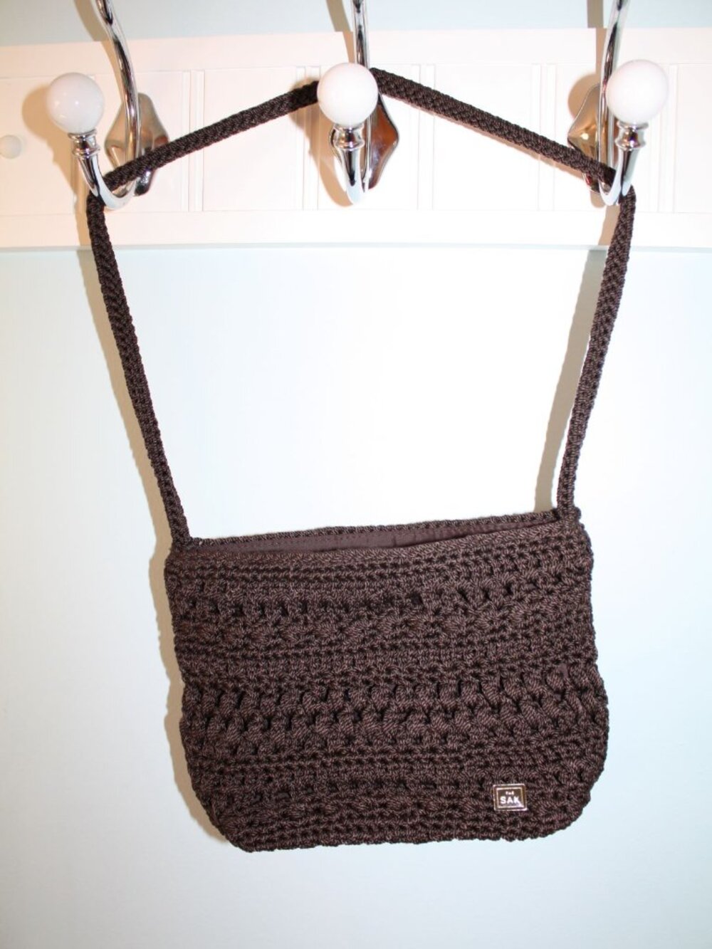 The SAK Mini Brown Crochet Knit Zip Top Lined Pocket Small Handbag Purse EUC